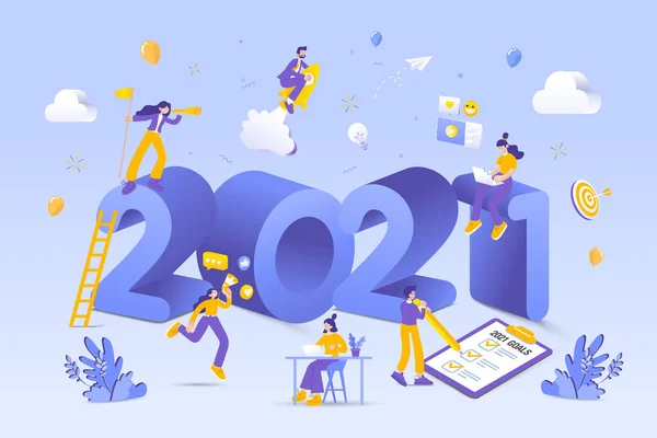 Gelukkig Nieuwjaar 2021 2021 Zakelijke Doelen Concept Illustratie Marketeers Doen — Stockvector