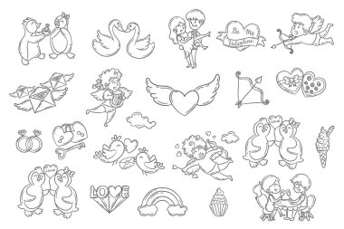 Sevgililer Günü karalama elementleri seti. Aşk tanrısı açıları, çiftler, penguenler, kuğular ve daha fazlası. Pankart ve poster için vektör illüstrasyonu