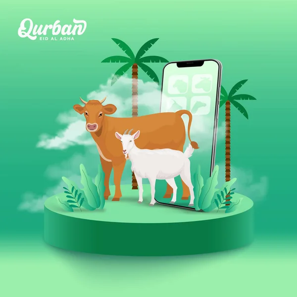 Conceito Aplicação Móvel Qurban Online Ilustração Telefone Inteligente Com Animal — Vetor de Stock