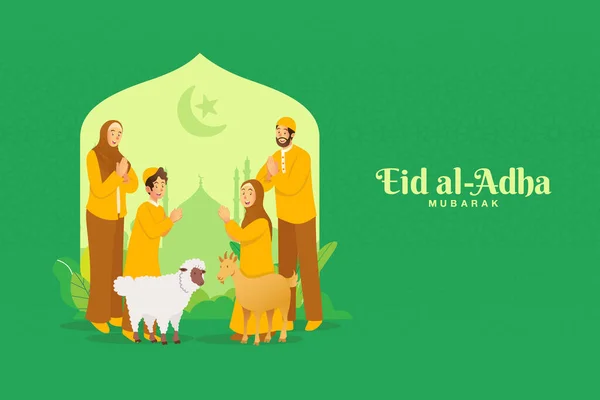 Tarjeta Felicitación Eid Adha Familia Musulmana Dibujos Animados Celebrando Eid — Vector de stock