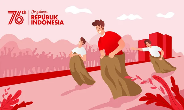 Kartu Ucapan Kemerdekaan Indonesia Dengan Ilustrasi Konsep Permainan Tradisional Republik - Stok Vektor