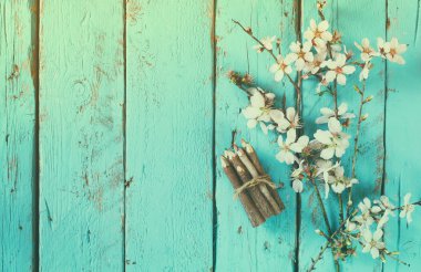 image of spring white cherry blossoms tree next to wooden colorful pencils on blue wooden table. vintage filtered image