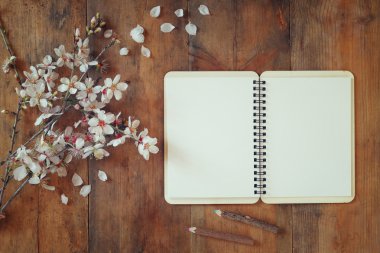 top view image of spring white cherry blossoms tree, open blank notebook next to wooden colorful pencils on wooden table. vintage filtered and toned image
