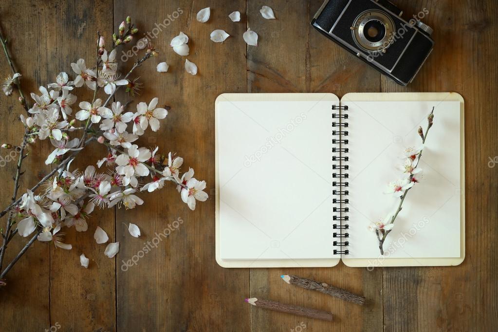 top view image of spring white cherry blossoms tree, open blank notebook, old camera on blue wooden table