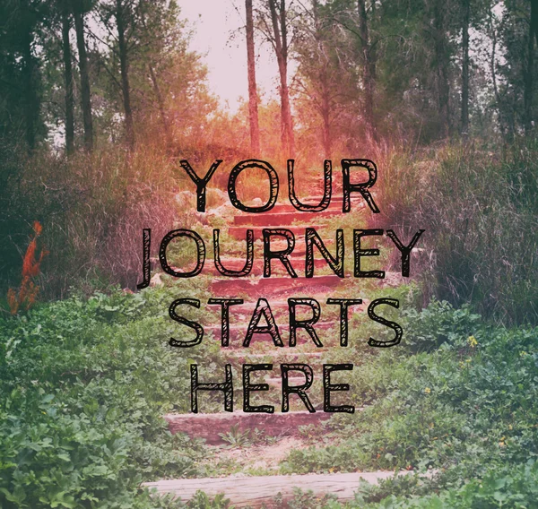 Inspirational image with quote "your journey starts here" on bokeh background. vintage filtered and toned — Stock Photo, Image