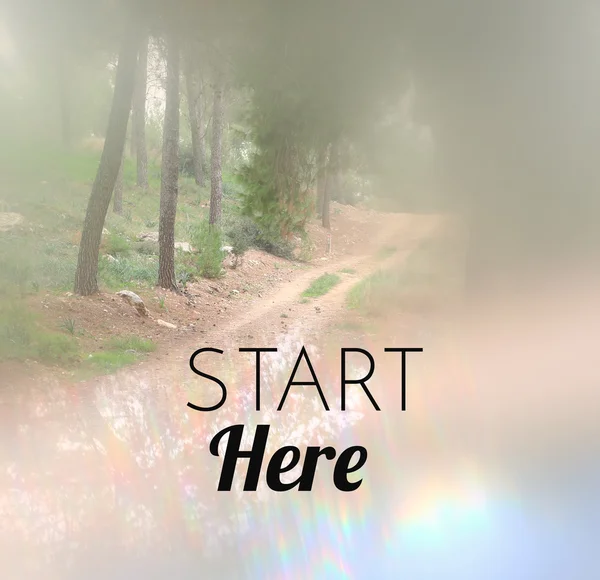 Inspirational image with quote "start here" on bokeh background. vintage filtered and toned — Stock Photo, Image