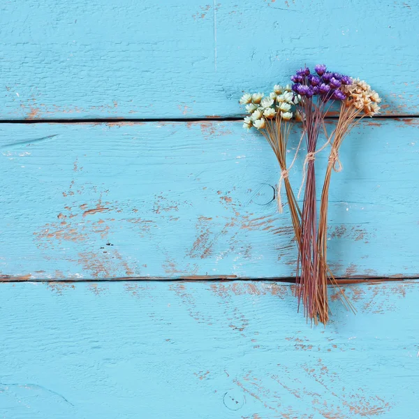 Imagen vista superior de flores secas de colores sobre fondo de madera azul viejo — Foto de Stock