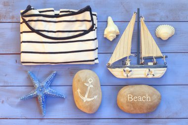 top view nautical concept with nautical life style objects. vintage filtered