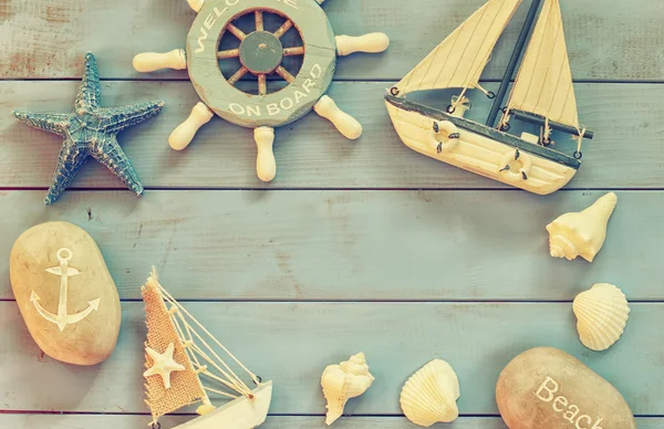 Top view nautical concept with nautical life style objects. vintage filtered — ストック写真