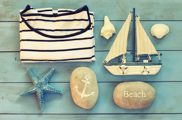 Top view nautical concept with nautical life style objects. vintage filtered — ストック写真