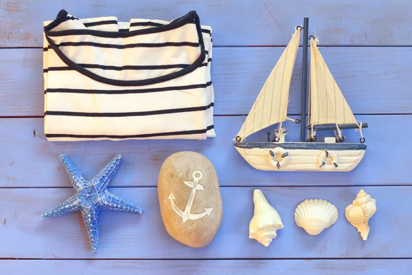 top view nautical concept with nautical life style objects. vintage filtered