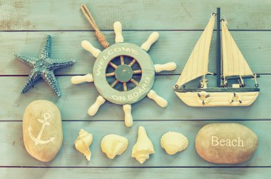 top view nautical concept with nautical life style objects. vintage filtered