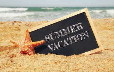 starfish and chalkboard with phrase: SUMMER VACATION, on sea sand and ocean horizon. selective focus