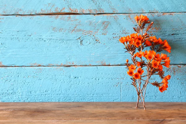 Foto von Blumen auf blauem Holzgrund. Jahrgang gefiltert — Stockfoto