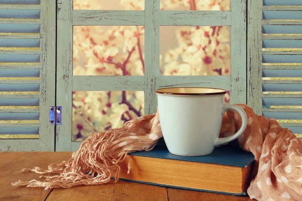 Romantikus jelenet csésze kávé mellett a régi rusztikus ablakán kívülre kilátás zöldövezetre régi könyv. Vintage szűrt kép — Stock Fotó