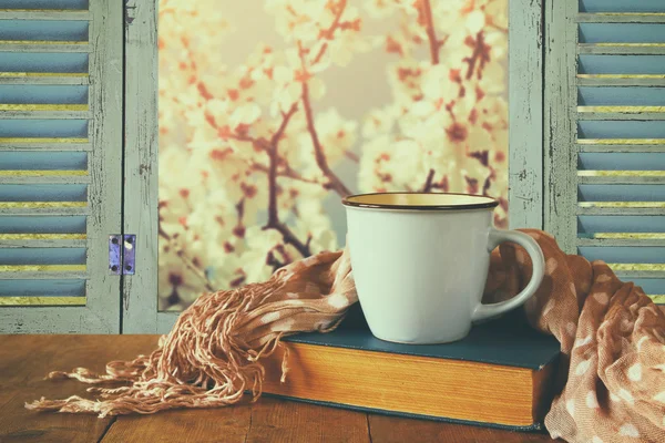 Romantisk scen kopp kaffe bredvid gamla bok framför landsbygden Visa utanför gamla rustika fönster. Vintage filtrerade bilden — Stockfoto