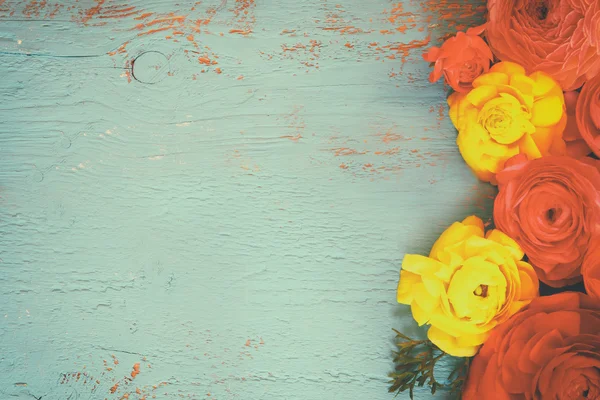 Mavi ahşap arka plan üzerinde renkli bahar çiçekleri — Stok fotoğraf