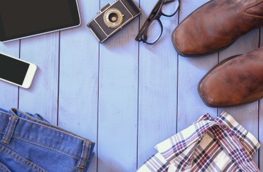 Üstten Görünüm görüntü hipster Aksesuar ve kıyafet