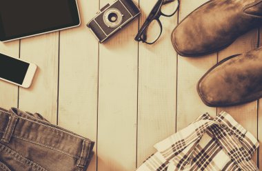 Üstten Görünüm görüntü hipster Aksesuar ve kıyafet