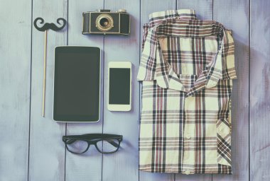 Üstten Görünüm görüntü hipster Aksesuar ve kıyafet