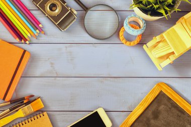 Üstten Görünüm fotoğraf okul ve iş malzemeleri