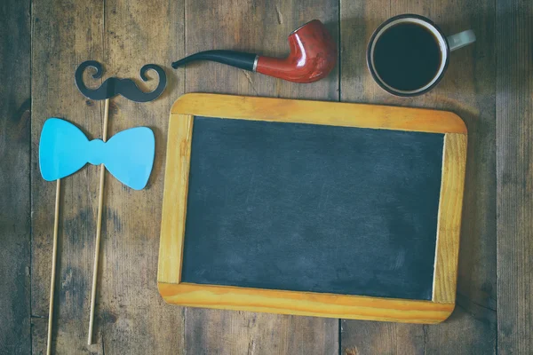 Blank blackboard and composition of man's accessories — Stock Photo, Image