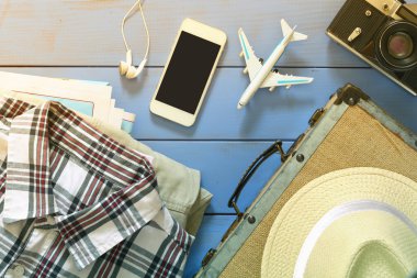 kavram seyahat. vintage filtre. Üstten Görünüm