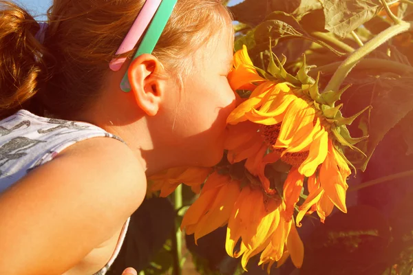 Mädchen riecht eine Sonnenblume — Stockfoto