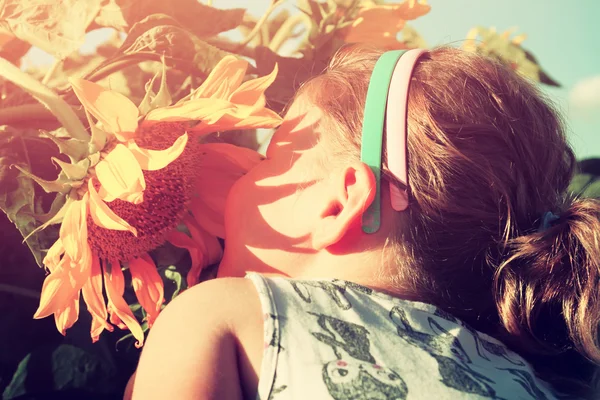 Carina bambina annusare un girasole nel campo estivo — Foto Stock