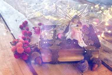 eski kitap yanındaki ormandaki rüya gibi büyülü küçük peri