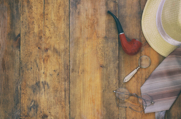 Gentelman accessories on wooden background