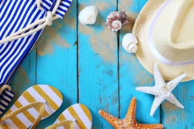 fedora şapka, flip flop ve kabukları ile deniz kavramı