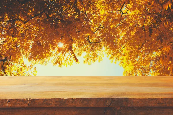 Tavolo vuoto davanti allo sfondo sfocato dell'autunno — Foto Stock