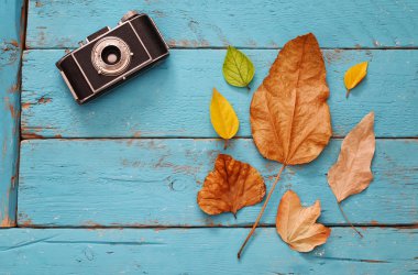 Kuru yaprakları ve eski fotoğraf makinesi ile sonbahar arka plan