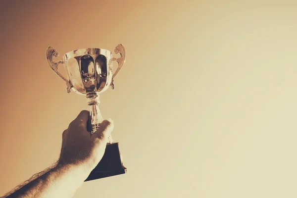 Mannen håller upp en trophy cup som en vinnare mot den blå himlen — Stockfoto