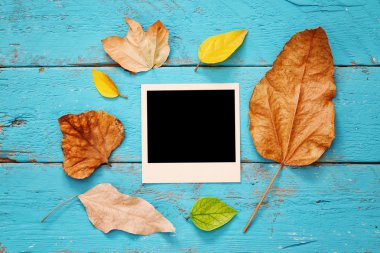 Kuru yaprakları ve boş fotoğraf çerçeveleri ile sonbahar arka plan