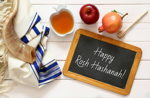 Rosh hashanah (jewish New Year) concept. Traditional symbols