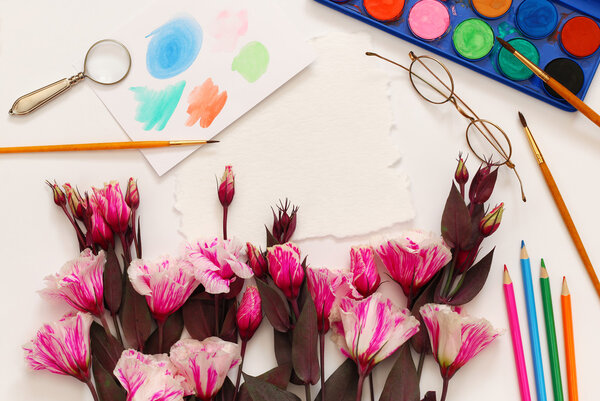 pink flowers and watercolor art on white background