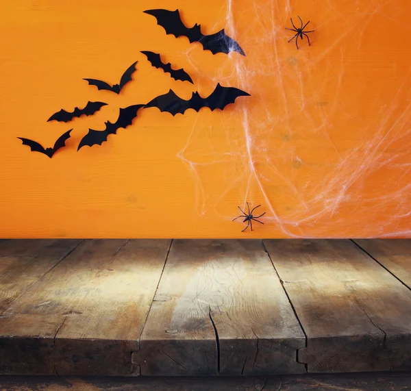 Halloween concept. Empty table in front of spider web Royalty Free Stock Images