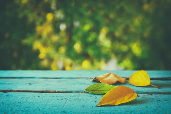 Podzimní pozadí s suché listí na dřevěný stůl — Stock fotografie