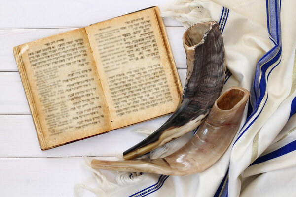 Prayer Shawl - Tallit and Shofar (horn) jewish religious symbol