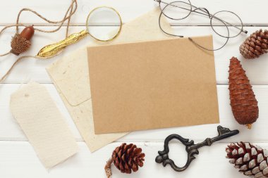 Çam kozalakları ve vintage nesnelerin Üstten Görünüm