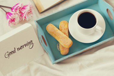 cookies, hot coffee, flowers and note with the text: GOOD MORNIN clipart