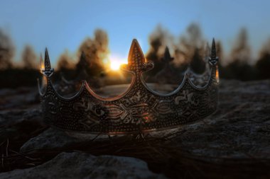 İngiltere ormanlarındaki gümüş kral tacının gizemli ve sihirli fotoğrafı. Ortaçağ konsepti.