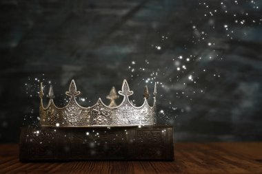 Eski kitaptaki güzel kraliçe / kral tacının gösterişsiz görüntüsü. Eski model filtrelenmiş. fantezi ortaçağ dönemi