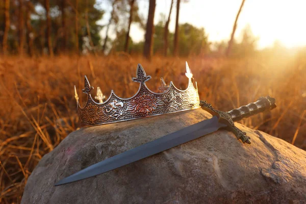 Misteriosa Mágica Foto Corona Plata Rey Espada Bosque Inglaterra Sobre —  Fotos de Stock