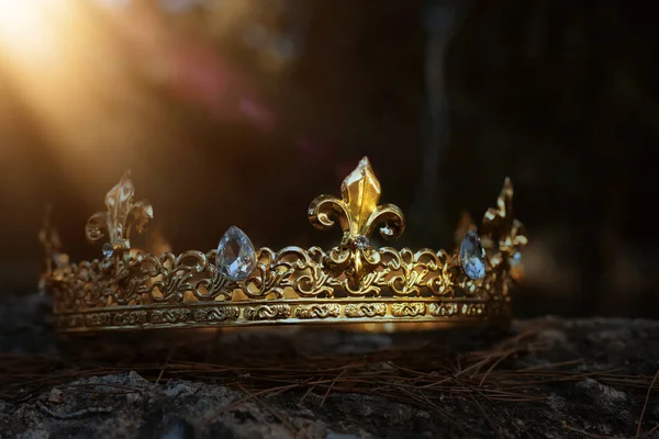 Mysterious Magical Photo Gold King Crown England Woods Stone Medieval — Stock Photo, Image