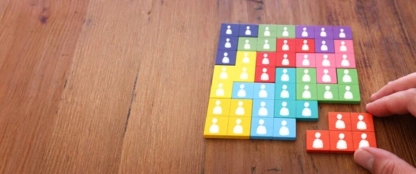 Image Tangram Puzzle Blocks People Icons Wooden Table Human Resources — Stock Photo, Image