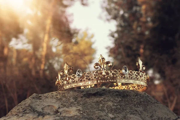 Mysterious Magical Photo Gold King Crown England Woods Stone Medieval — Stock Photo, Image