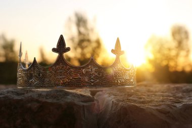 mysterious and magical photo of silver king crown in the England woods over stone. Medieval period concept. clipart